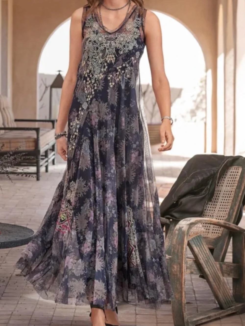 Johnny Was Yawa Mesh & Embroidery Maxi Dress, Size Petite-Medium